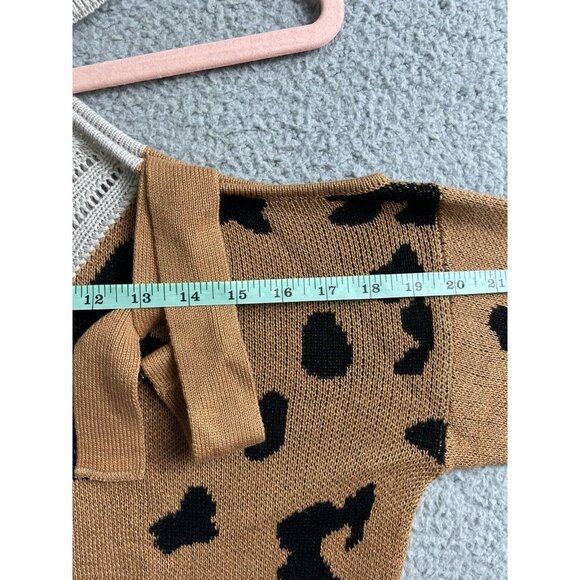 New Boho Leopard Print Sweater Women's Size Small Cream Cold Shoulder Top - Picture 8 of 10